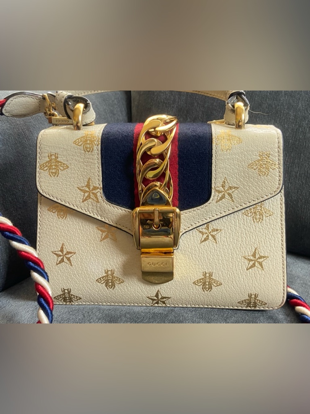 Gucci Cream Leather Bee & Star Print Shoulder Bag with Navy & Red Web